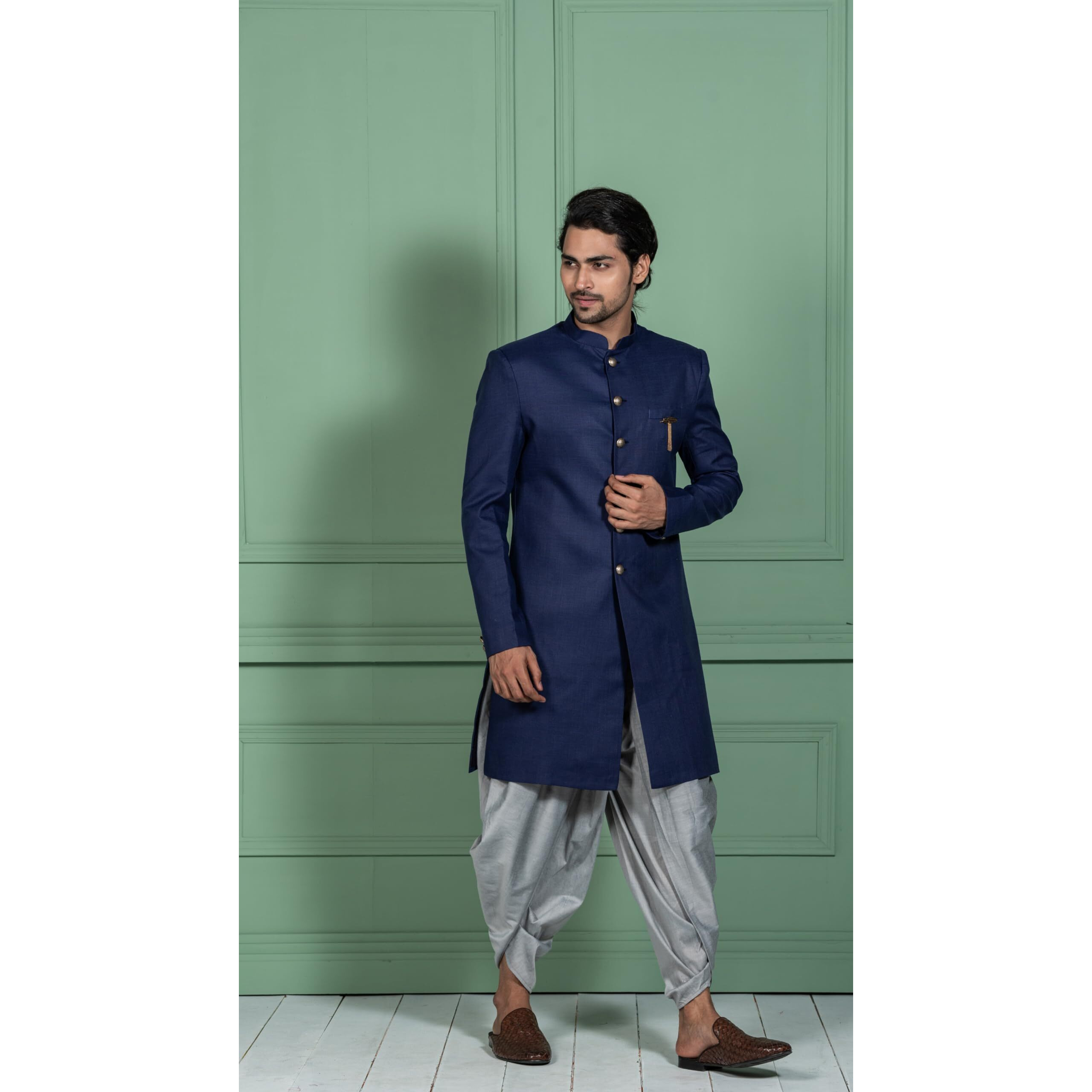 Kisah Mens Sherwani Dhoti Set Cotton Blend Solid Dyed, Indo-Western Ethnic Wear For Men, Blue, 42
