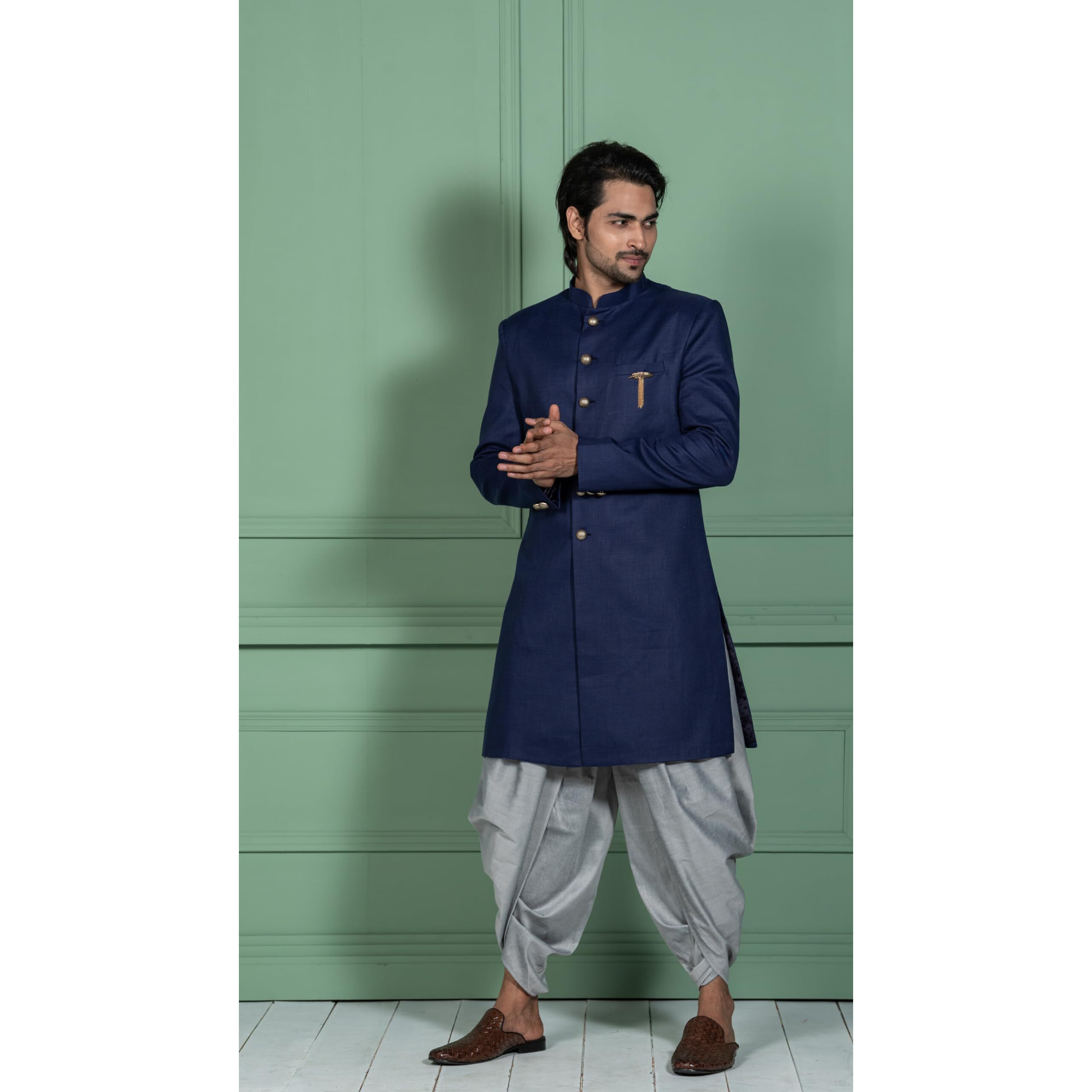 Kisah Mens Sherwani Dhoti Set Cotton Blend Solid Dyed, Indo-Western Ethnic Wear For Men, Blue, 42