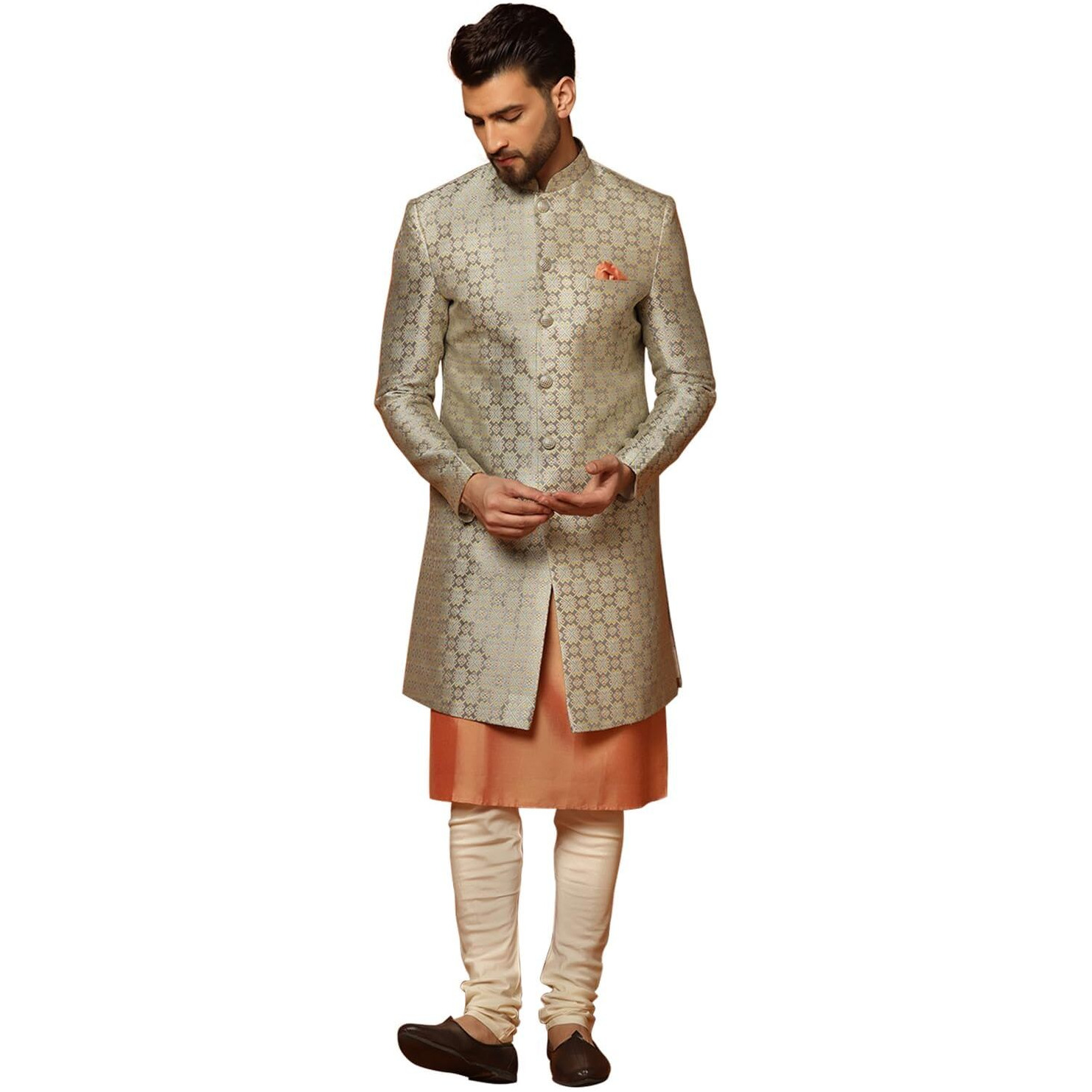 Kisah Men's Grey And Orange Indo-Western Kurta Sherwani Churidar Set Cotton Full Sleaves, Knee Length, Straight, Regular Fit, Mandarin Collar Ethnic Wear