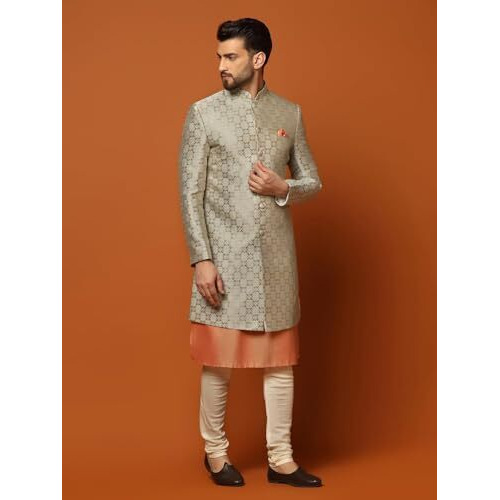 Kisah Men's Grey And Orange Indo-Western Kurta Sherwani Churidar Set Cotton Full Sleaves, Knee Length, Straight, Regular Fit, Mandarin Collar Ethnic Wear