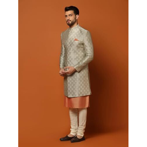 Kisah Men's Grey And Orange Indo-Western Kurta Sherwani Churidar Set Cotton Full Sleaves, Knee Length, Straight, Regular Fit, Mandarin Collar Ethnic Wear
