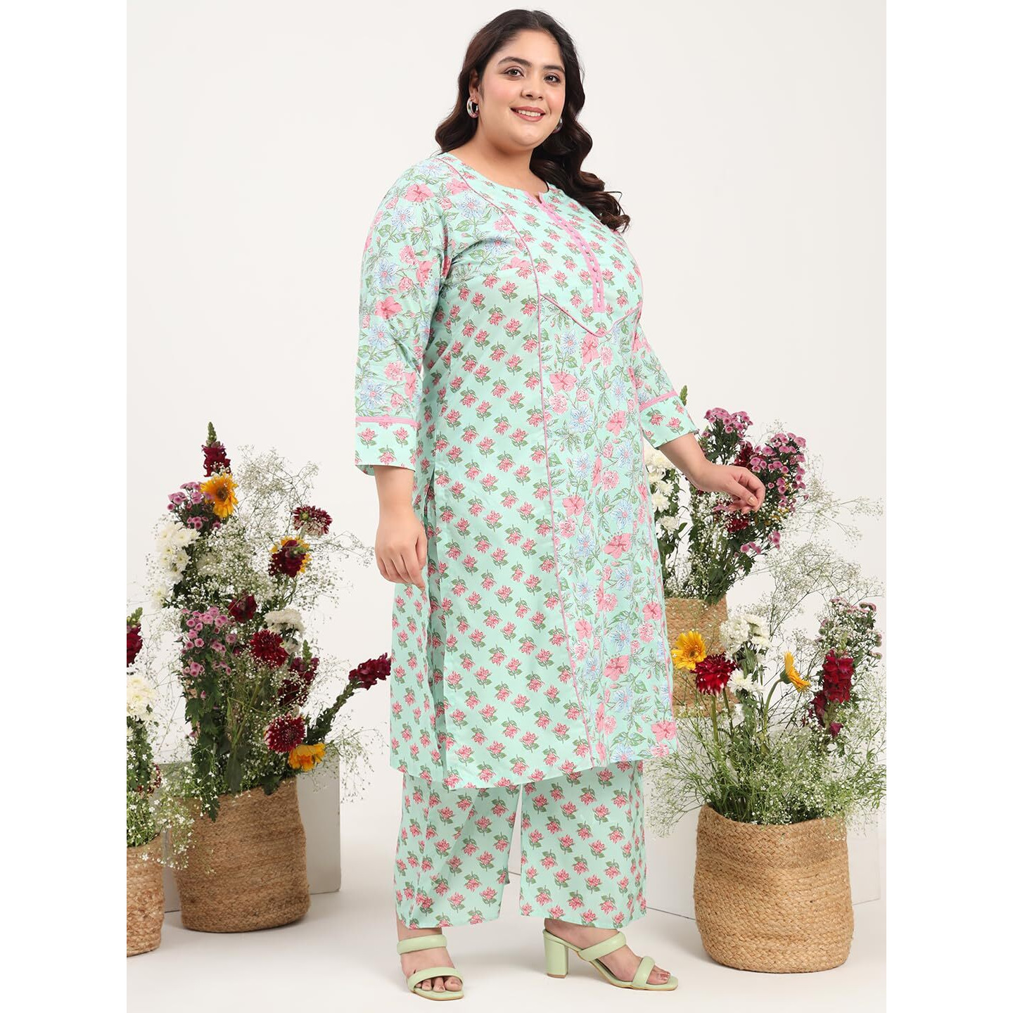 Tissu Women's Plus Size Pure Cotton Green Floral Printed Kurta With Palazzo (737_Green_5Xl)