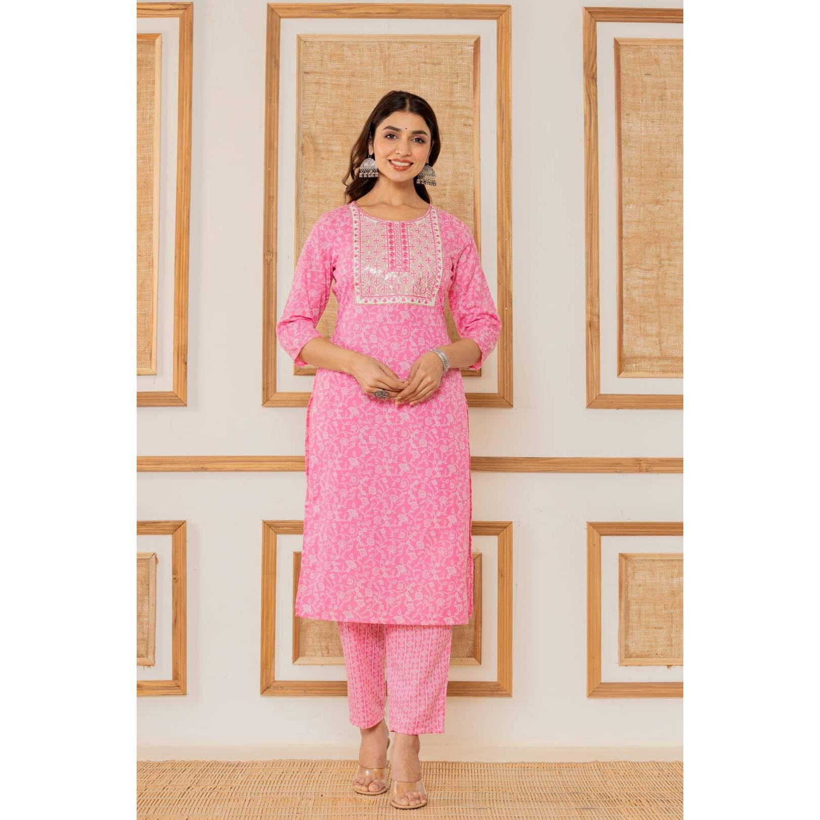 Varanga Women Pink Floral Printed Embroidered Kurta Paired With Bottom And Dupatta