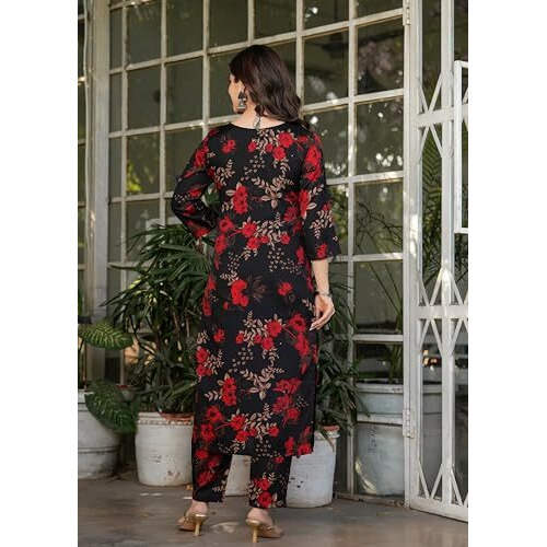 Fashion Basket Black Silk Printed Kurta Set For Women (In, Alpha, Xl, Regular, Black)