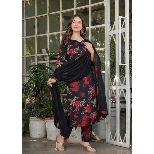 Fashion Basket Black Silk Printed Kurta Set For Women (In, Alpha, Xl, Regular, Black)