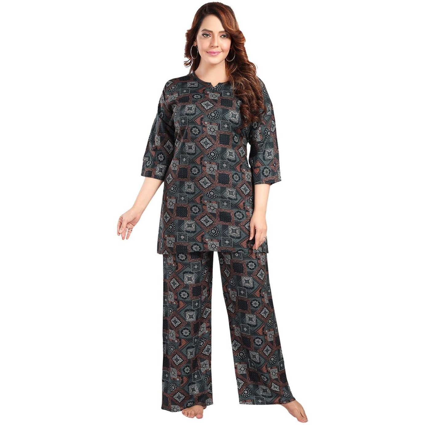 Fabme Women's Geomatric Print, Dark Green, All Over Print Rayon Coord Set