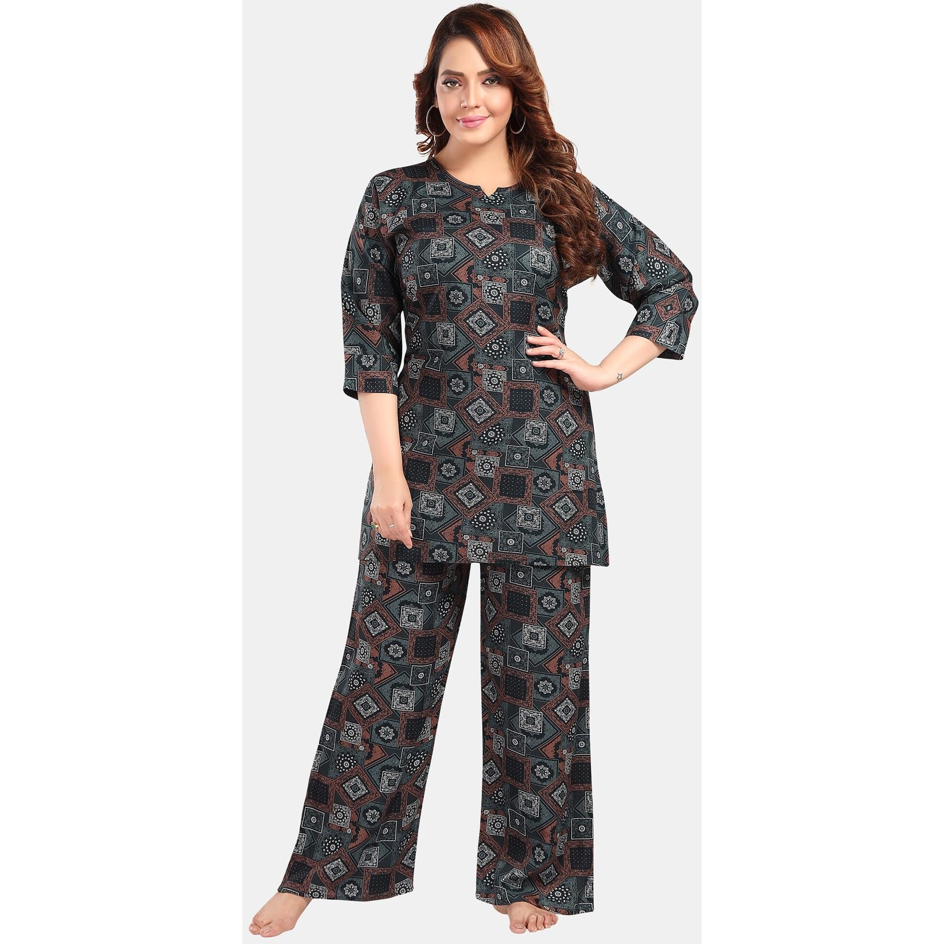 Fabme Women's Geomatric Print, Dark Green, All Over Print Rayon Coord Set