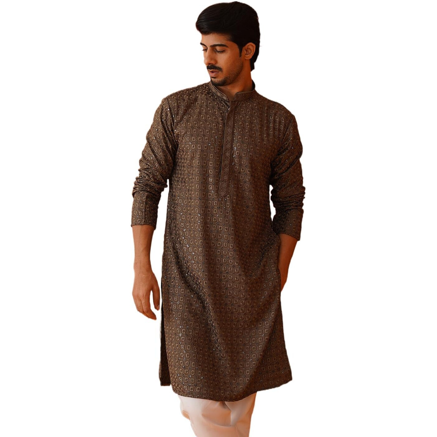Jompers Grey Embroidered Chikankari And Sequence Kurtas For Men. (Grey, Xl)