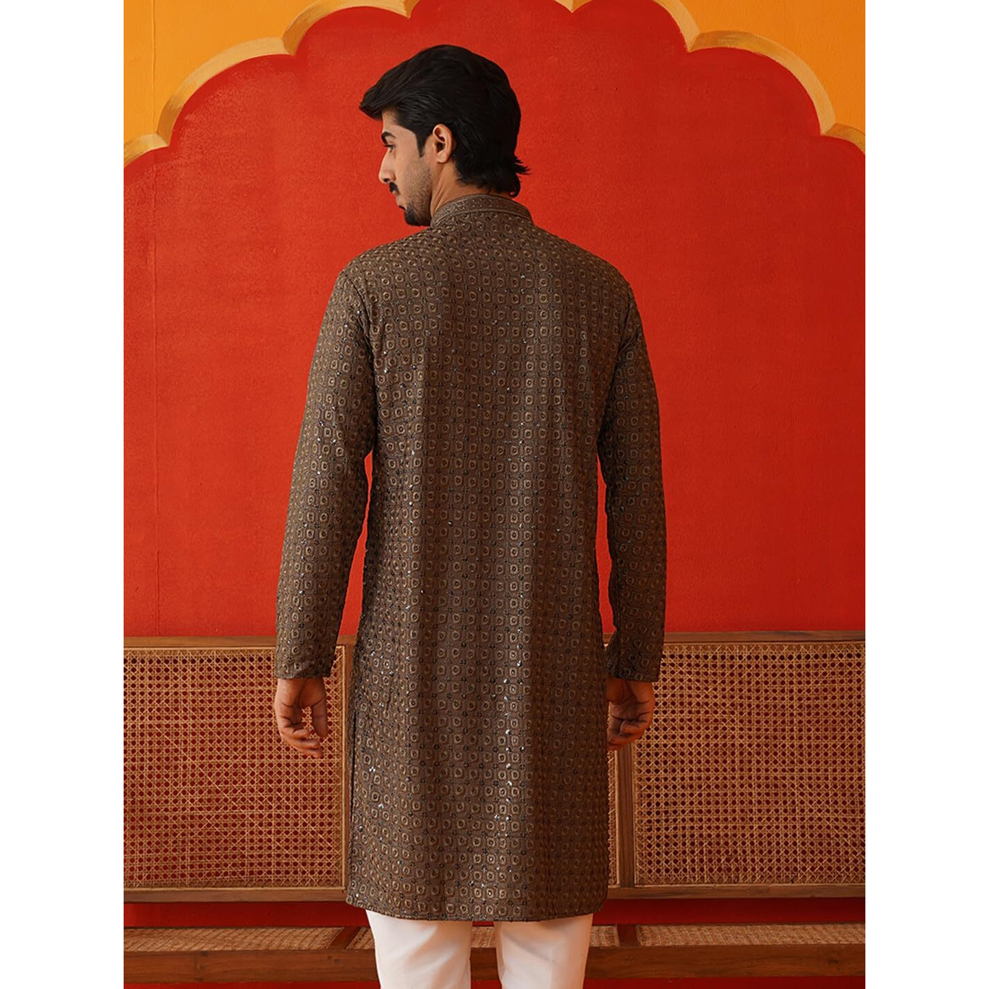 Jompers Grey Embroidered Chikankari And Sequence Kurtas For Men. (Grey, Xl)