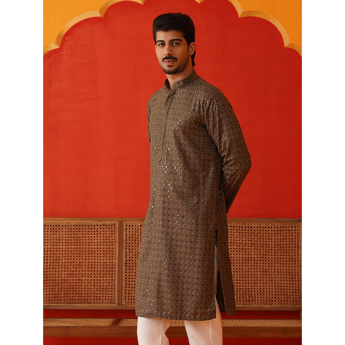 Jompers Grey Embroidered Chikankari And Sequence Kurtas For Men. (Grey, Xl)