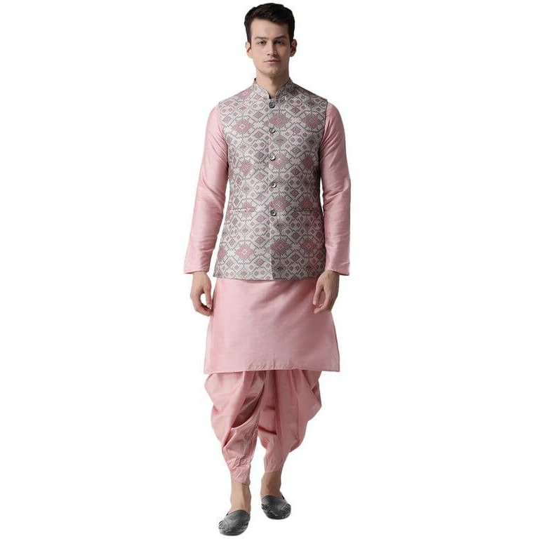 Kisah Men's Kurta Jacket Churidar Set, Grey Jacquard, Woven Design Regular Fit Mandarin Collar Long Sleeves (40)