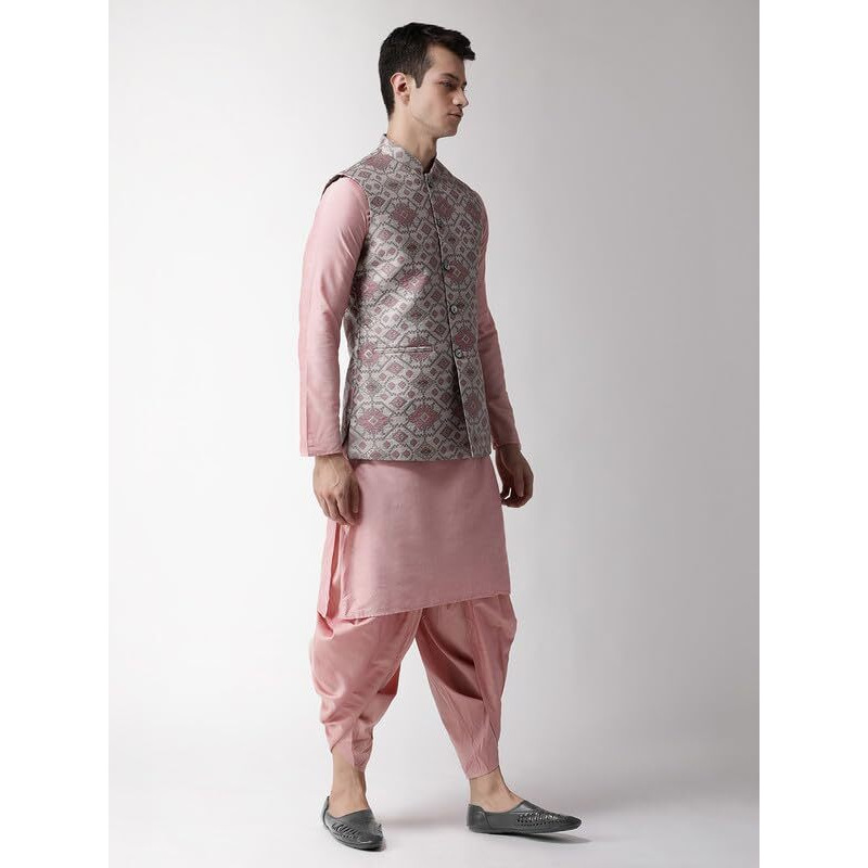 Kisah Men's Kurta Jacket Churidar Set, Grey Jacquard, Woven Design Regular Fit Mandarin Collar Long Sleeves (40)