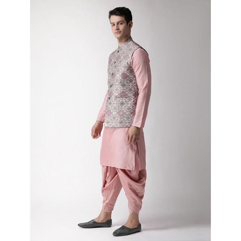 Kisah Men's Kurta Jacket Churidar Set, Grey Jacquard, Woven Design Regular Fit Mandarin Collar Long Sleeves (40)