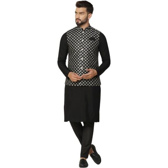 Kisah Men's Kurta Jacket Trouser Set, Black Jacquard, Regular Fit Woven Design Long Sleeves Mandarin Collar (M)