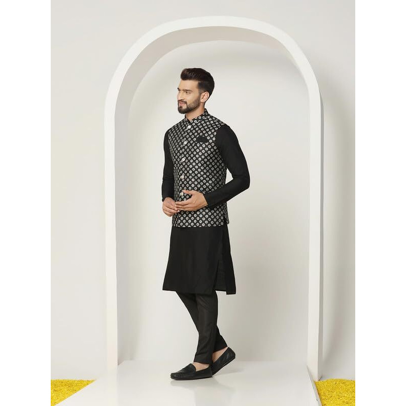 Kisah Men's Kurta Jacket Trouser Set, Black Jacquard, Regular Fit Woven Design Long Sleeves Mandarin Collar (M)