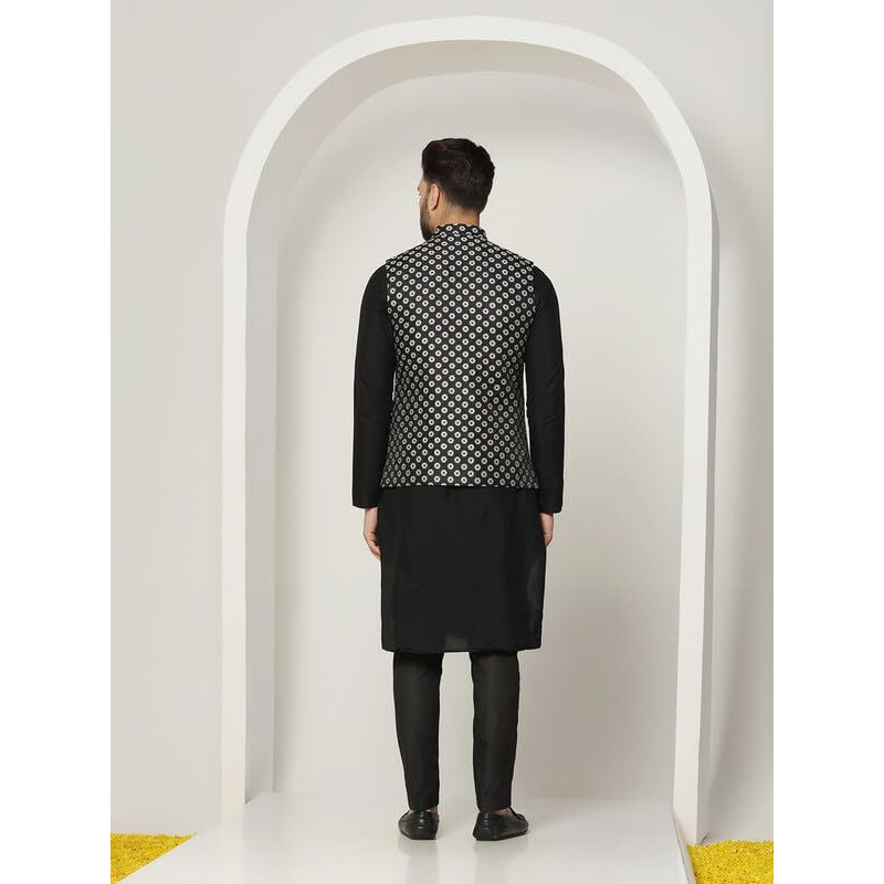 Kisah Men's Kurta Jacket Trouser Set, Black Jacquard, Regular Fit Woven Design Long Sleeves Mandarin Collar (M)