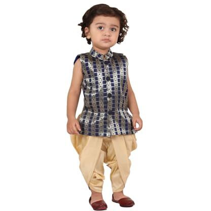Jbn Creation Infant Boys Navy Blue And Gold Silk Blend Kurta And Dhoti Set