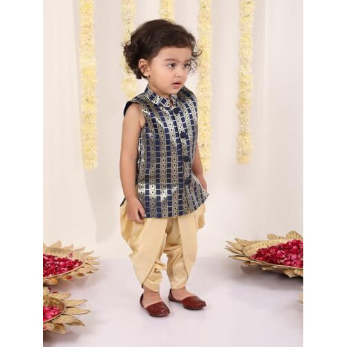 Jbn Creation Infant Boys Navy Blue And Gold Silk Blend Kurta And Dhoti Set