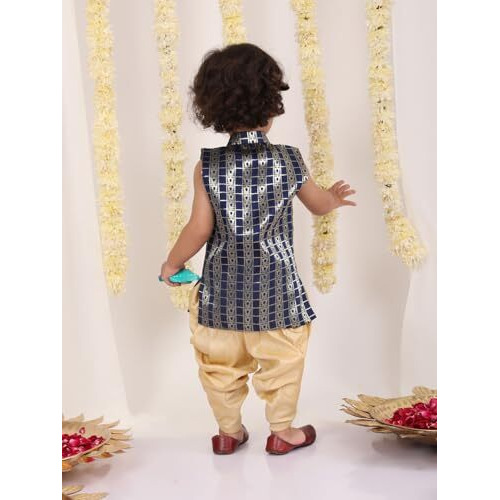 Jbn Creation Infant Boys Navy Blue And Gold Silk Blend Kurta And Dhoti Set