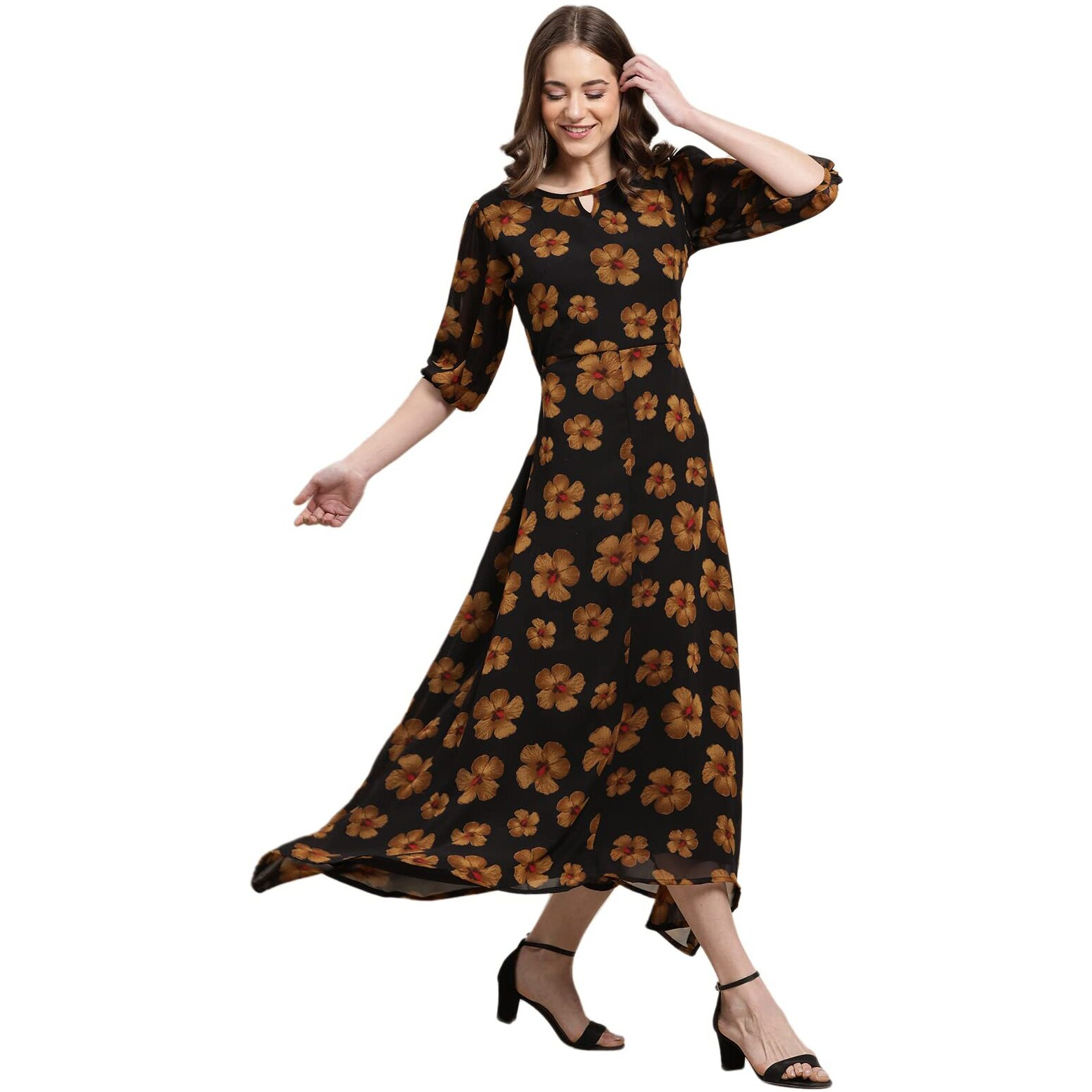 Preneum Women's Floral Regular T-Shirt (Maxi-04_Black1 Xl)