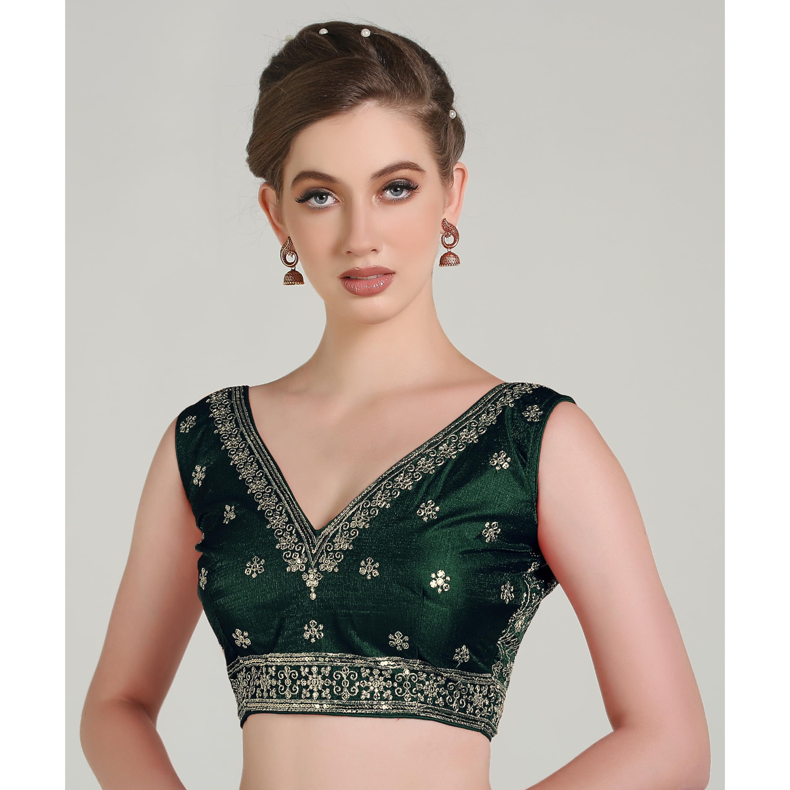 Pujia Mills Women's Indian Ethnic Wear Designer Golden Zari Embroidery Sequence Work V Neck Sleeveless Readymadeback Side Worked Saree Blouse Readymade Dark Green Blouse Lehenga Choli
