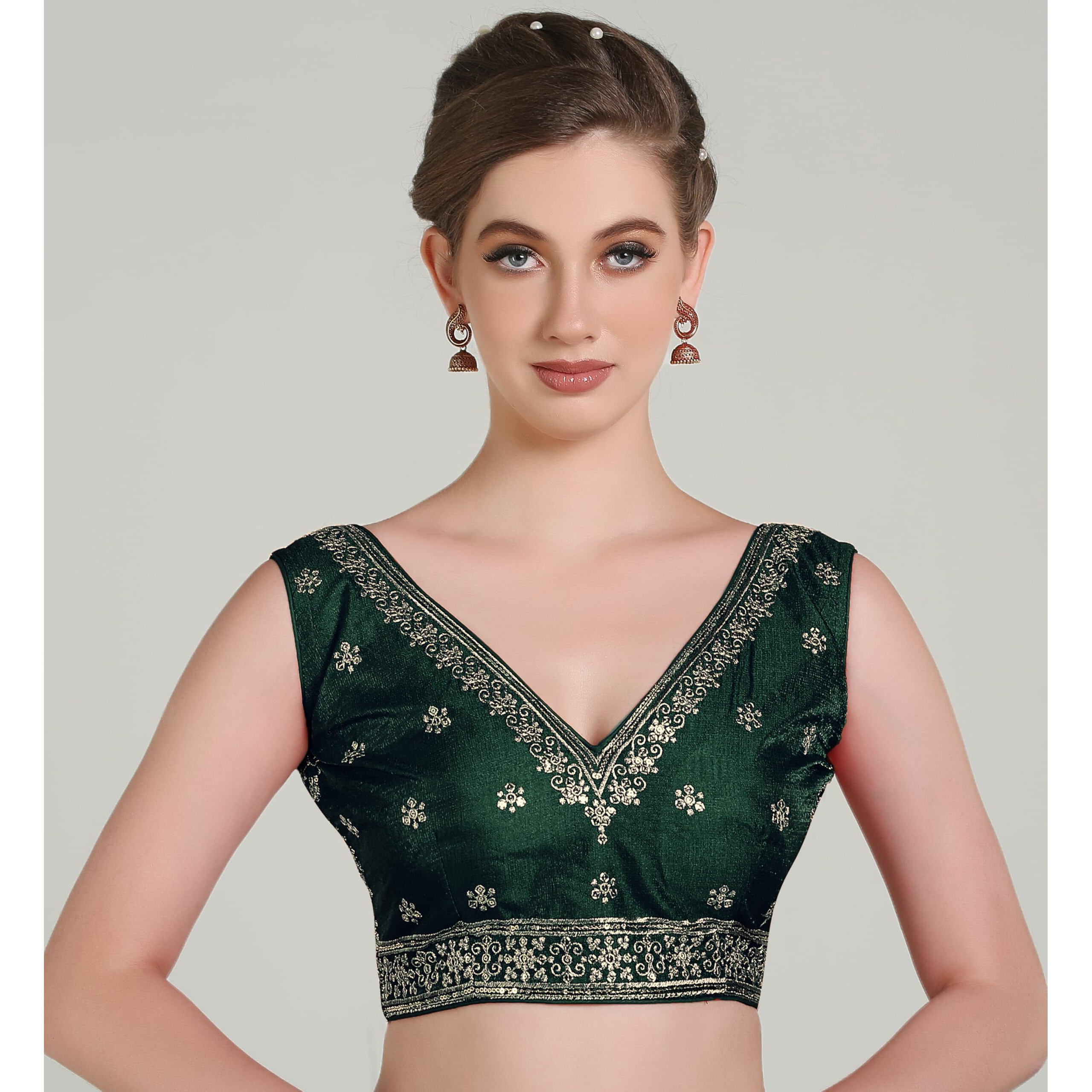 Pujia Mills Women's Indian Ethnic Wear Designer Golden Zari Embroidery Sequence Work V Neck Sleeveless Readymadeback Side Worked Saree Blouse Readymade Dark Green Blouse Lehenga Choli