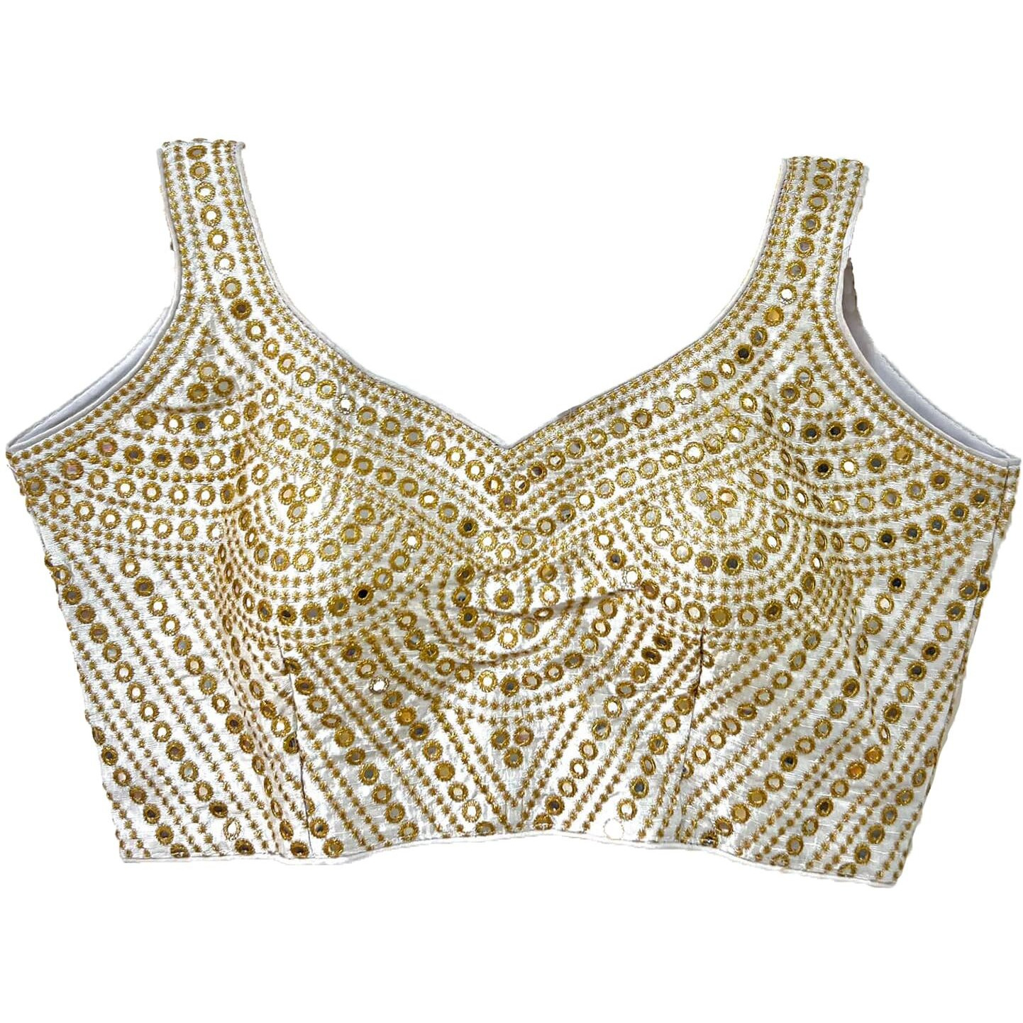 Pujia Mills Fancy Women's Foil Mirror And Thread Zari Work Sweetheart Neck Silk Sleeveless Blouse (Pc Bindi Foil Parent) (White-Gold Zari, 36)