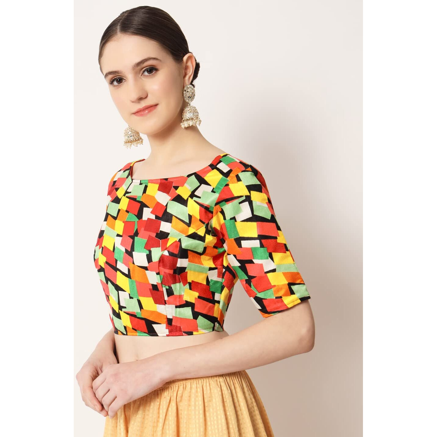 Pujia Mills Women's Blouse Printed Blouse Elbow Length Boat Neck Blouse Readymade Blouse Saree Blouse (Abstact Orange 38)