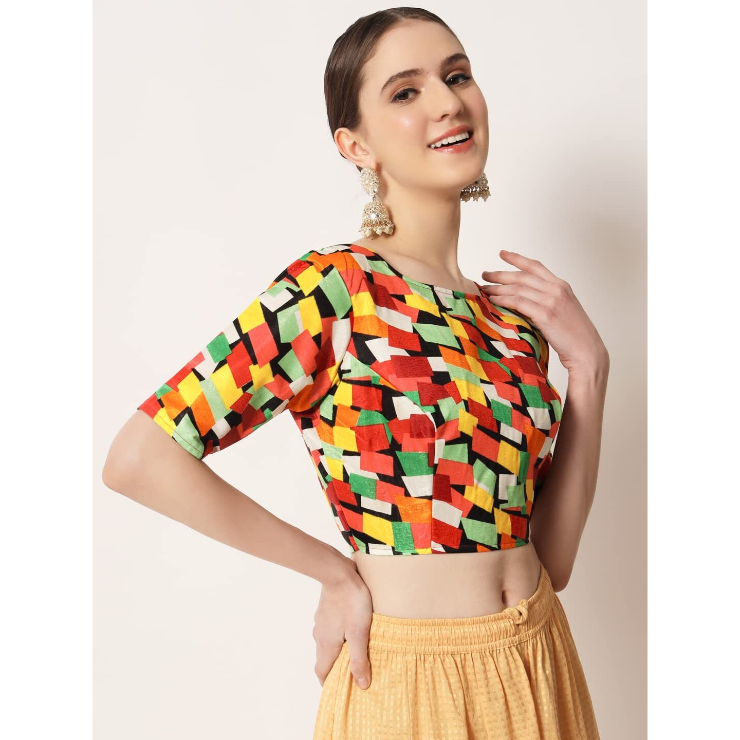 Pujia Mills Women's Blouse Printed Blouse Elbow Length Boat Neck Blouse Readymade Blouse Saree Blouse (Abstact Orange 38)