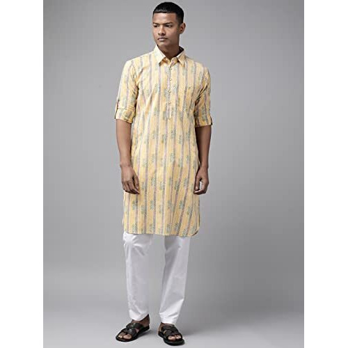 See Designs Yellow Regular Pure Cotton Pathani Printed Men's Kurta_Sdpkt1160Xl