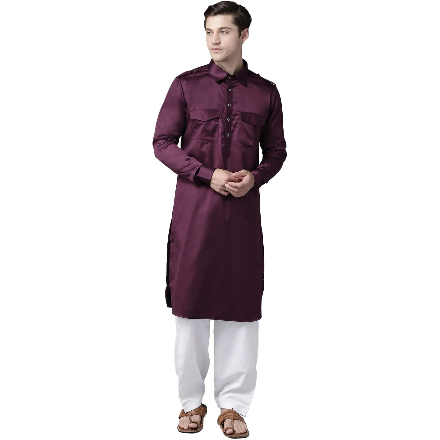 See Designs Men's Solid Cotton Curved Hemline With Shirt Collar Purple Full Sleeve Pathani Kurta With Salwar - Sdkt605S