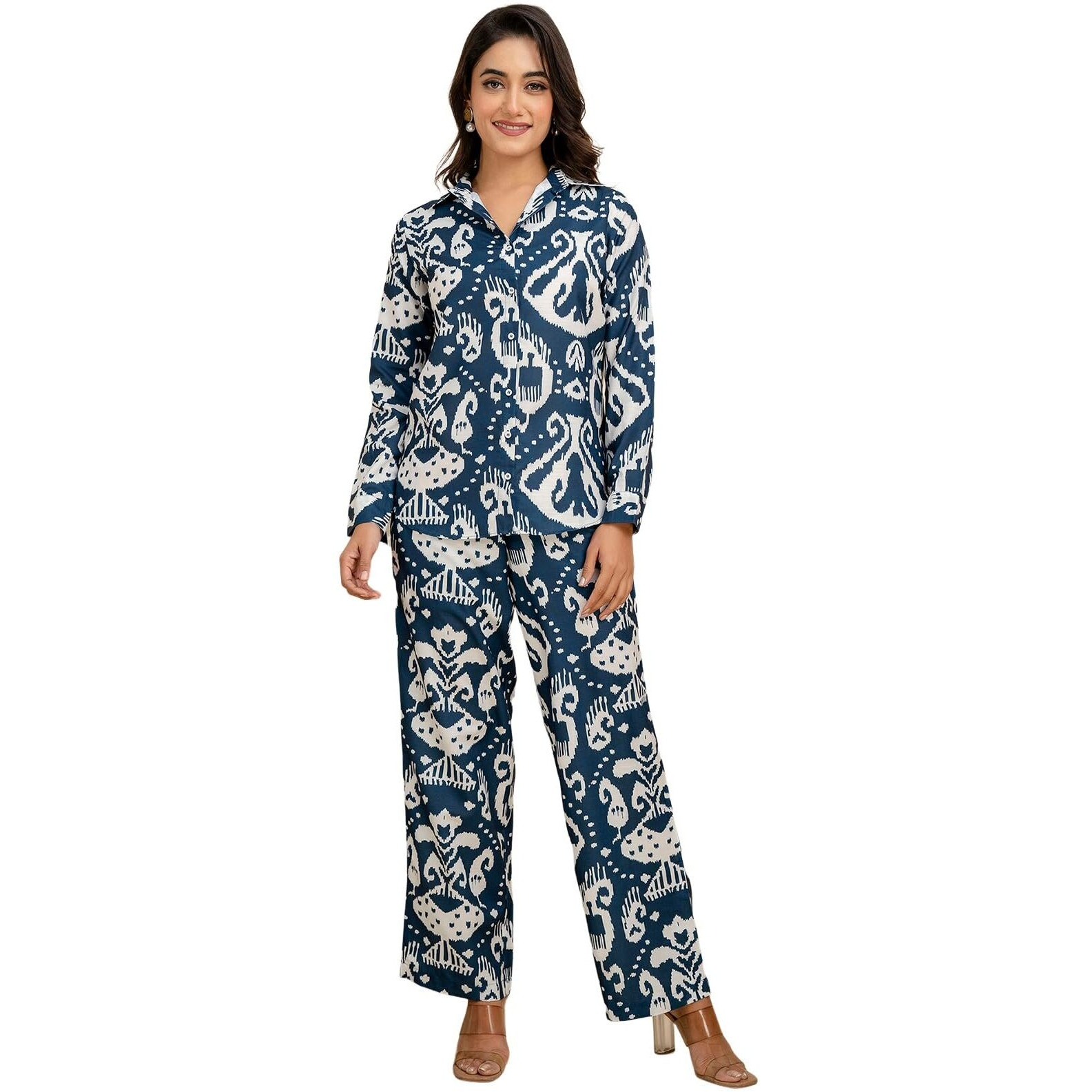 Selvia Women's Rayon Co-Ords Ankle Length Dress (712Ctk7914N-Xl_Navy Blue & White