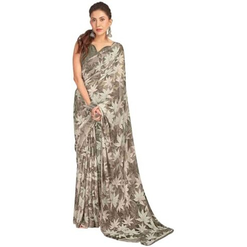 Shiv Textiles Women's Georgette Floral Printed Saree(518S102_Brown & Beige)