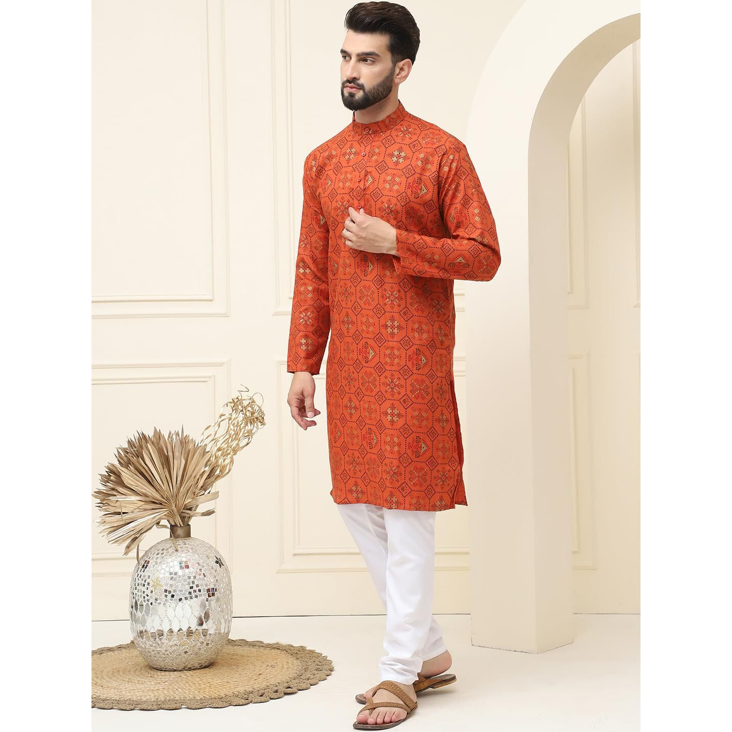Sojanya (Since 1958 Men's Cotton Blend Orange Printed Kurta And White Churidar Pyjama Set