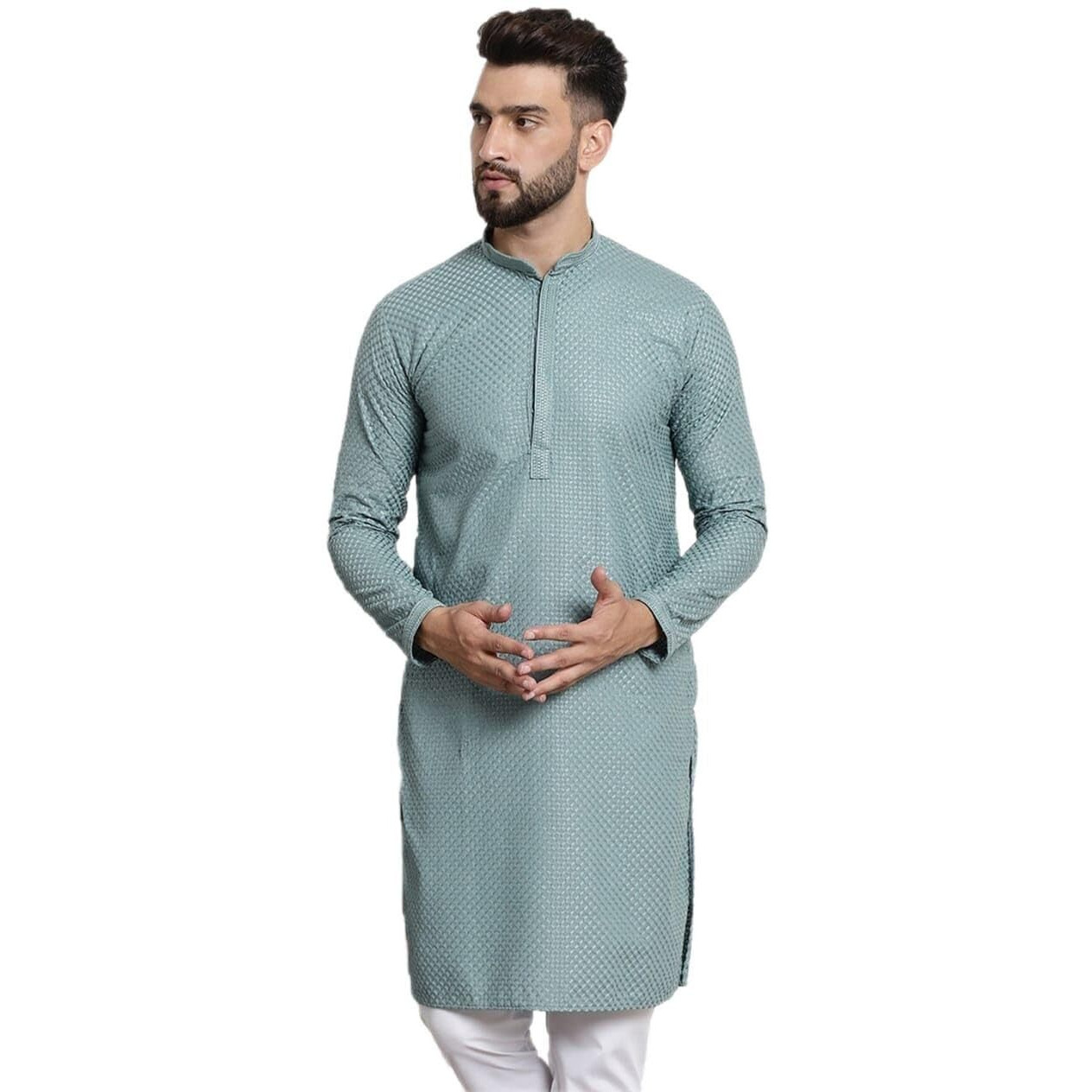 Sojanya (Since 1958 Mens Pure Cotton Checked Embroidered Sgreen Color Only Long Kurta