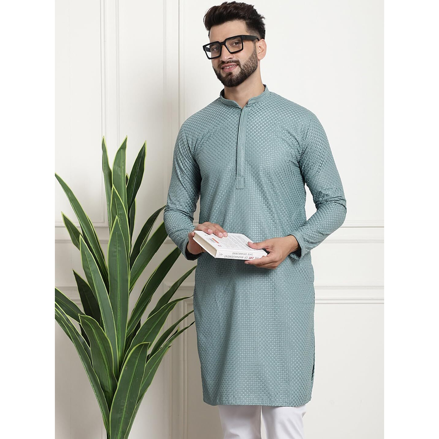 Sojanya (Since 1958 Mens Pure Cotton Checked Embroidered Sgreen Color Only Long Kurta