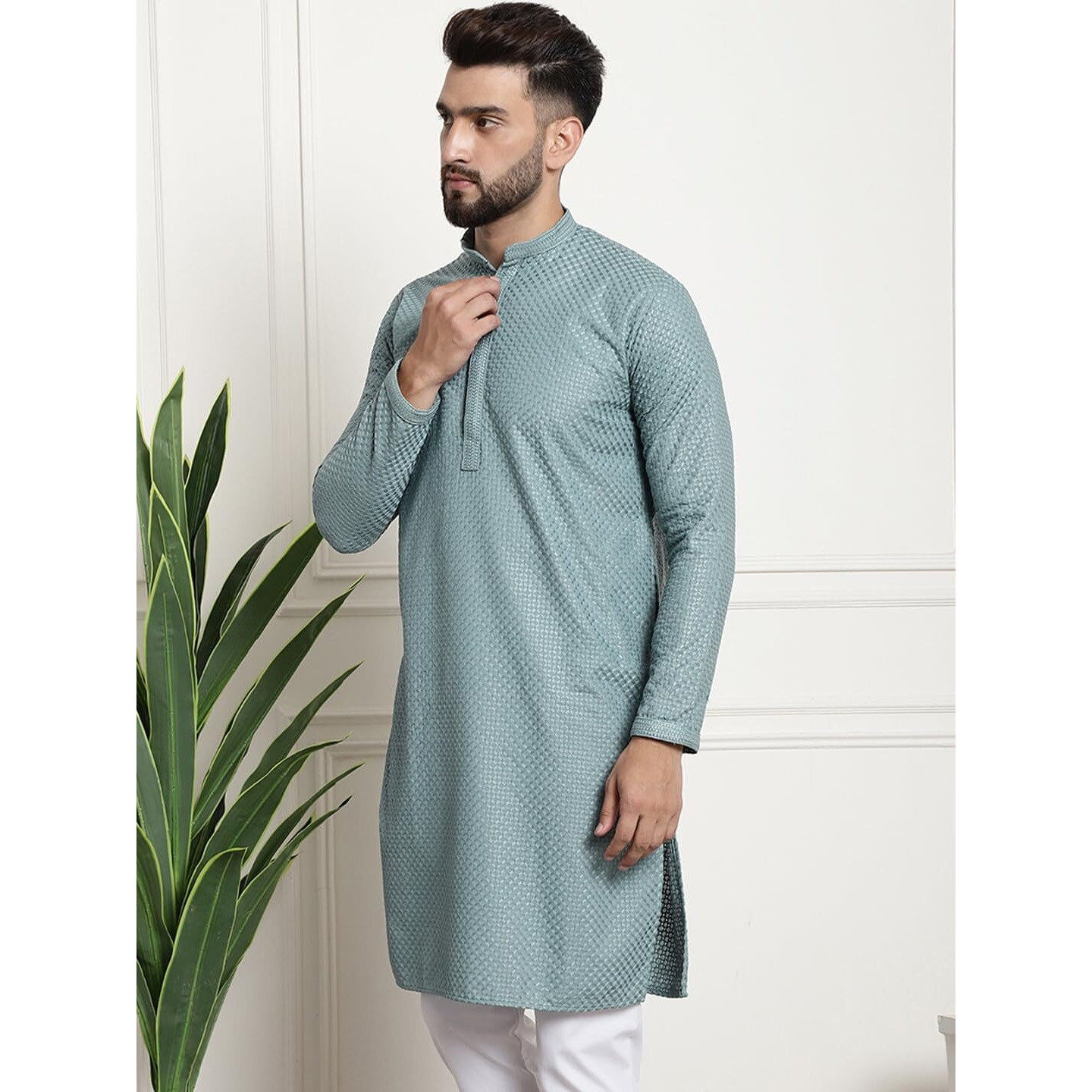 Sojanya (Since 1958 Mens Pure Cotton Checked Embroidered Sgreen Color Only Long Kurta