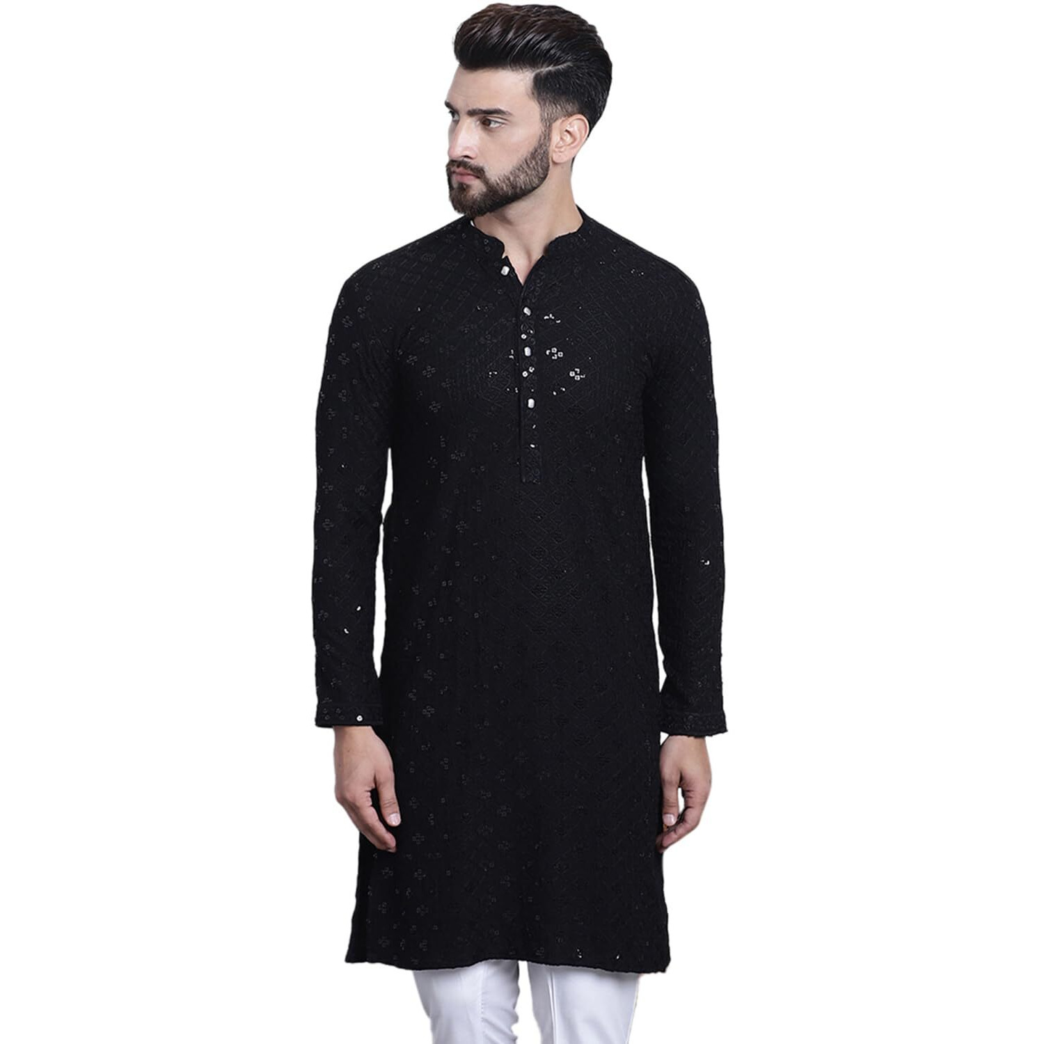 Sojanya (Since 1958 Men's Pure Cotton Black Sequence Only Long Kurta