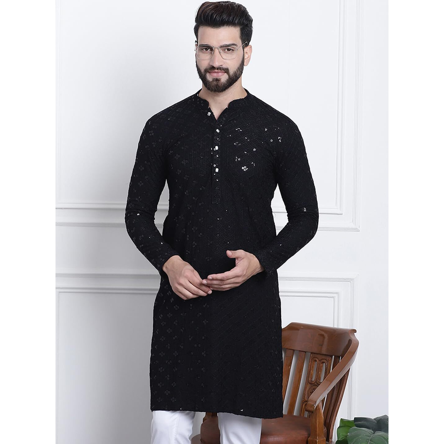 Sojanya (Since 1958 Men's Pure Cotton Black Sequence Only Long Kurta