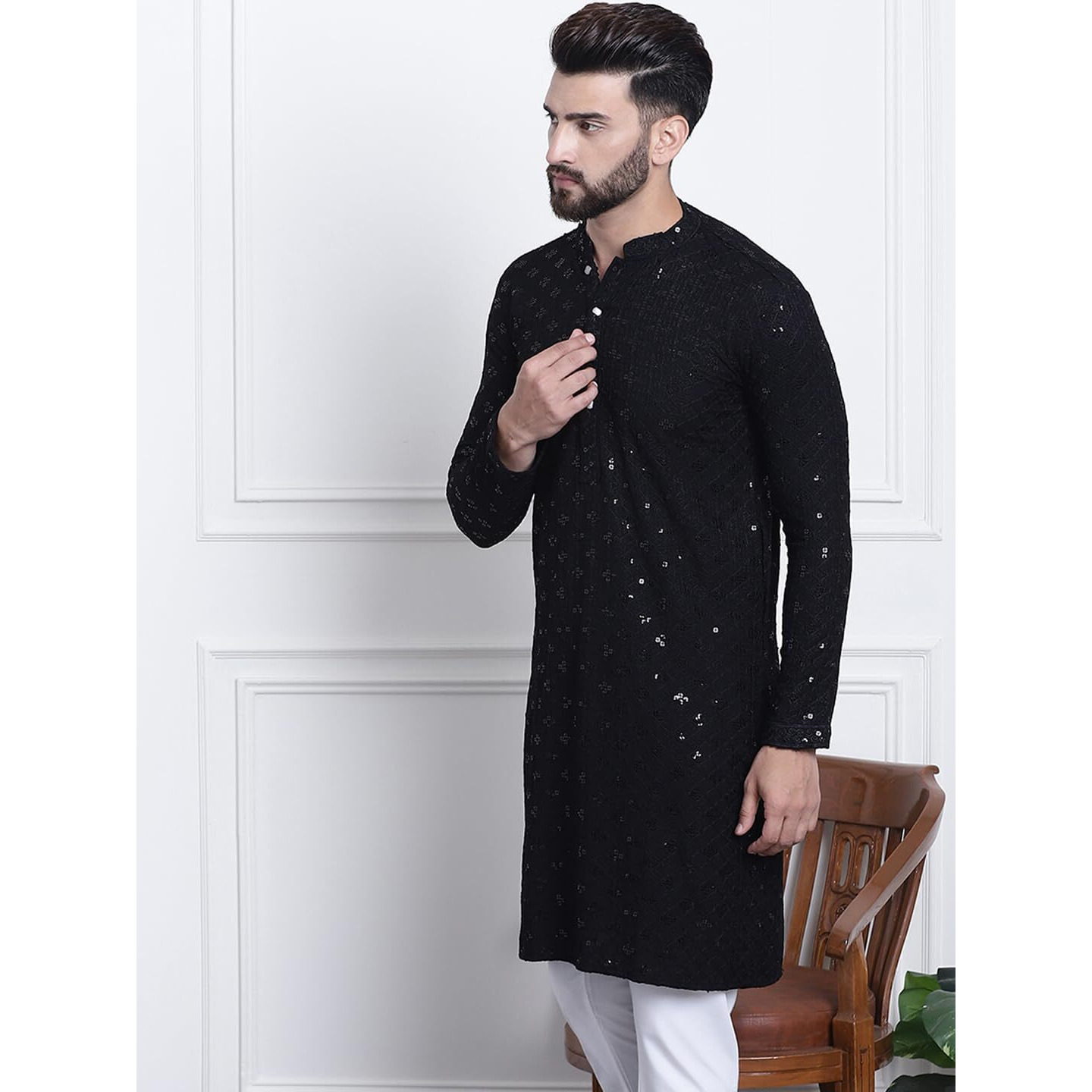 Sojanya (Since 1958 Men's Pure Cotton Black Sequence Only Long Kurta