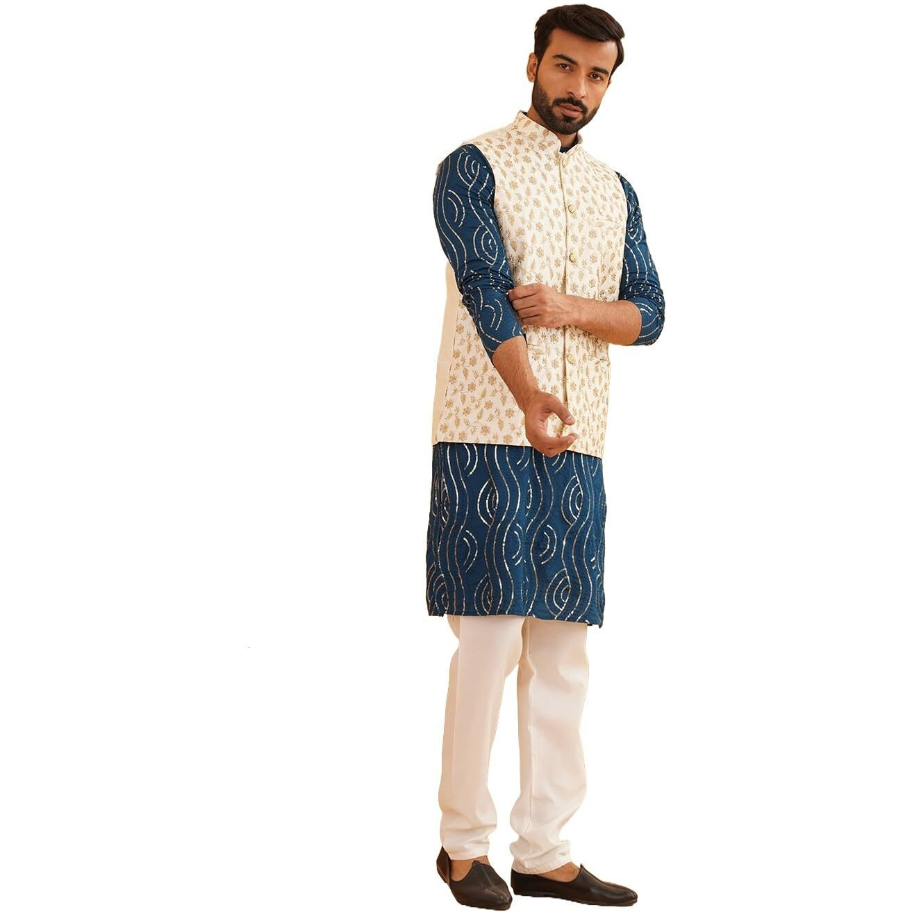 Sojanya (Since 1958 Men's Cotton Teal Blue Kurta With Churidaar Pyjama & Cream Nehru Jacket