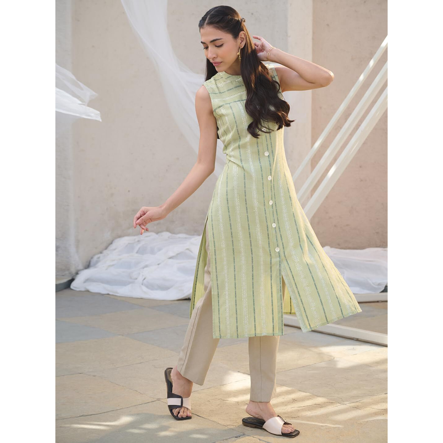 Stylum Women's Woven Design Cotton Blend Straight Kurta (Greenkuli40_Green, L)