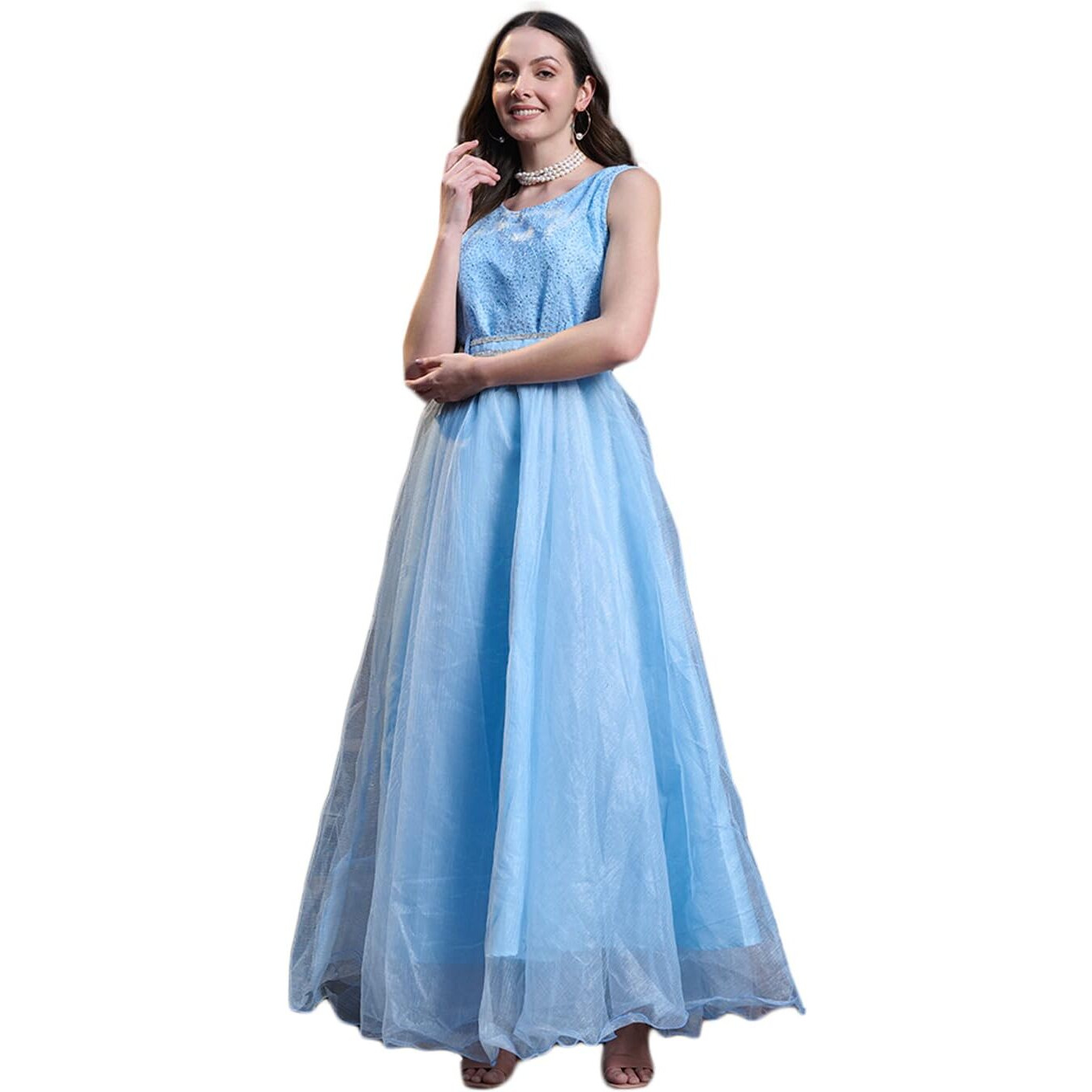 Stylum Women's Solid & Embroidered Satin Gown (Gwskynayra38_Sky Blue, M)