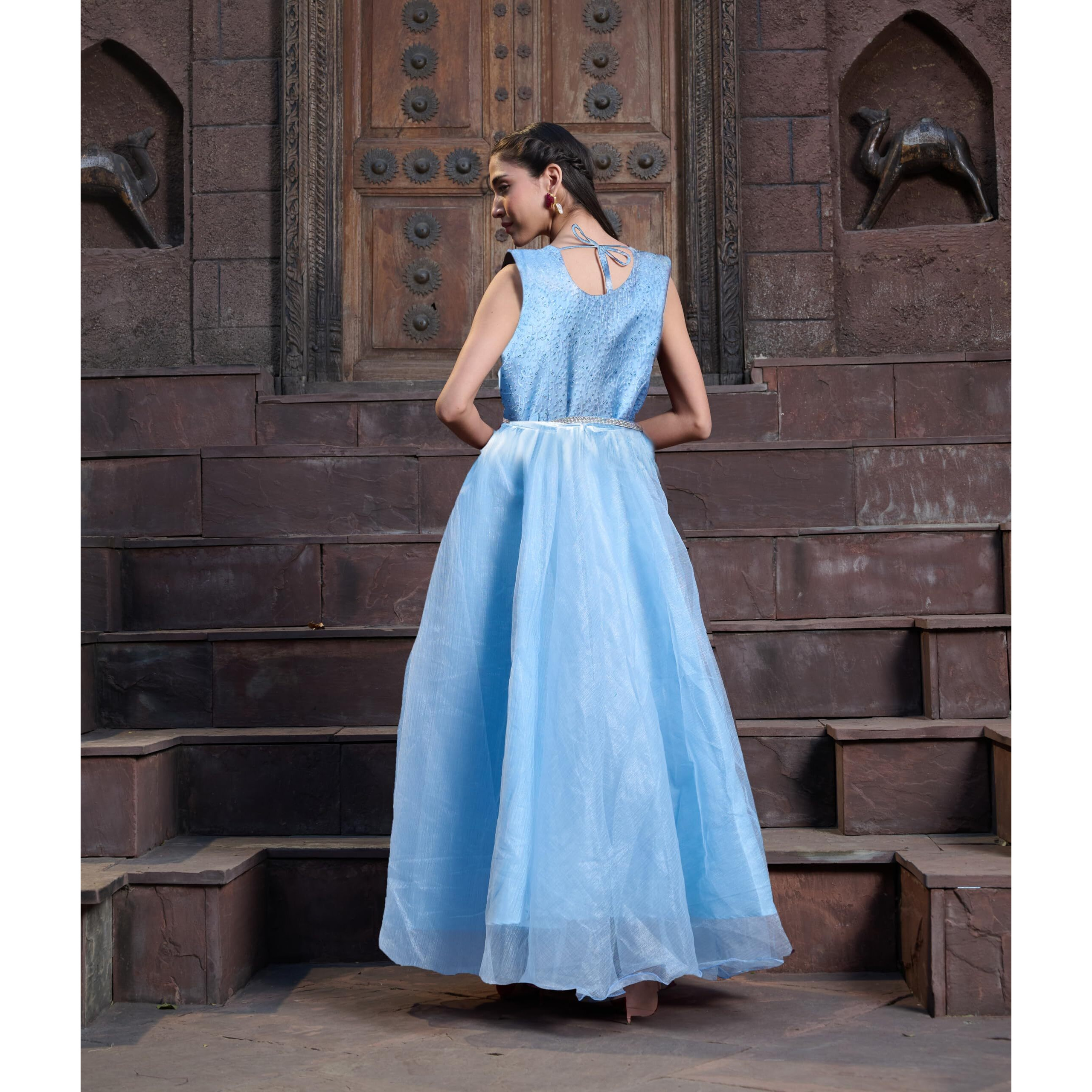 Stylum Women's Solid & Embroidered Satin Gown (Gwskynayra38_Sky Blue, M)