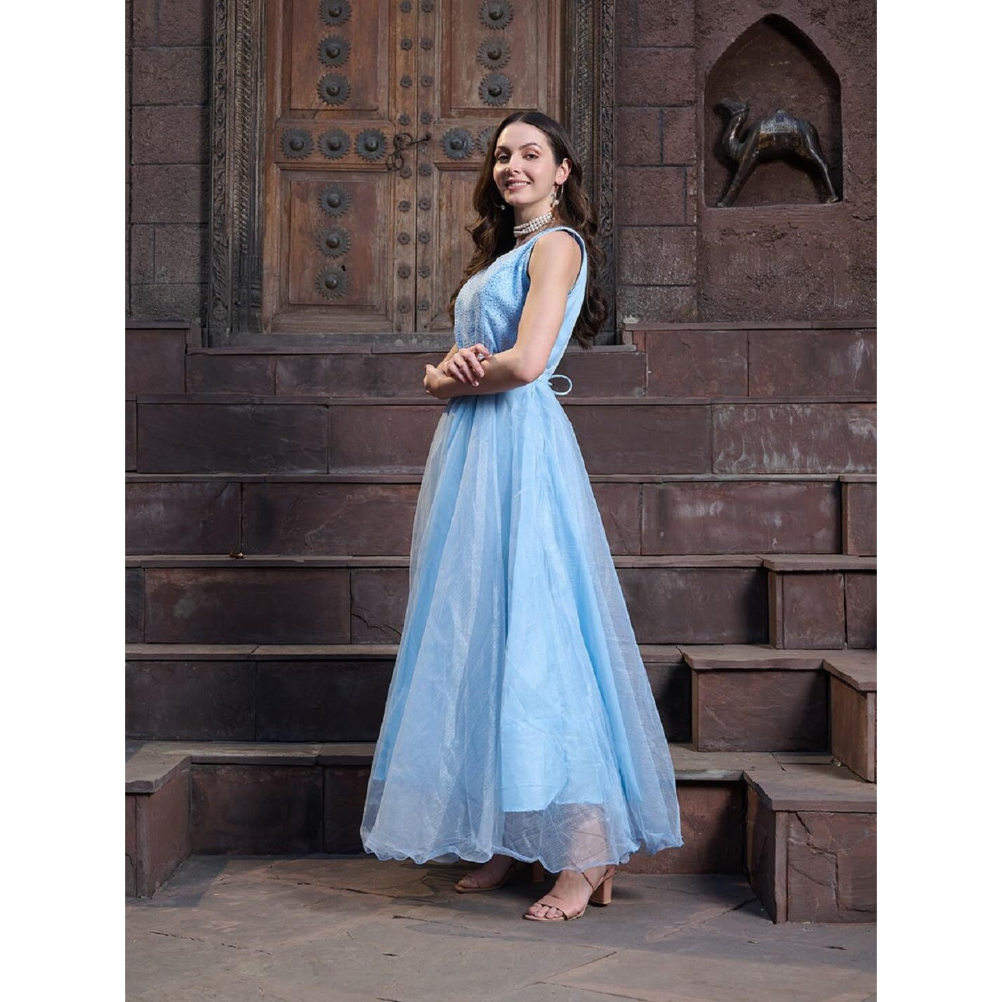 Stylum Women's Solid & Embroidered Satin Gown (Gwskynayra38_Sky Blue, M)