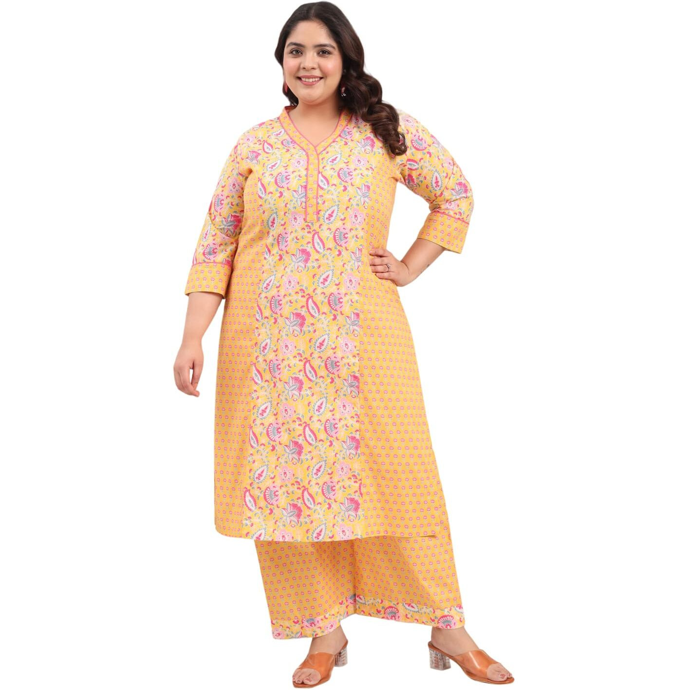 Tissu Women's Plus Size Pure Cotton Yellow Floral Printed Kurta With Palazzo (738_Yellow_8Xl)