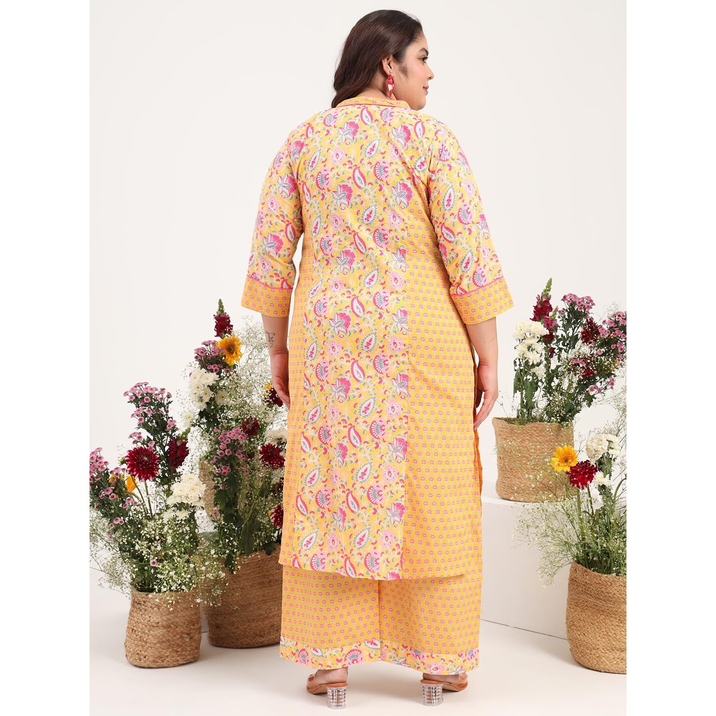 Tissu Women's Plus Size Pure Cotton Yellow Floral Printed Kurta With Palazzo (738_Yellow_8Xl)
