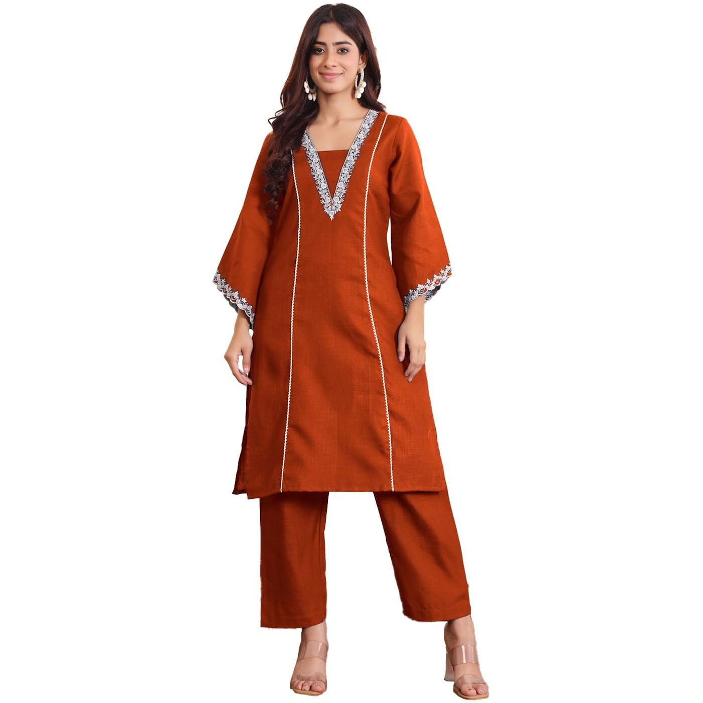 Varanga Zari Embroidered Rust Flared Sleeve Kurta With Trouser