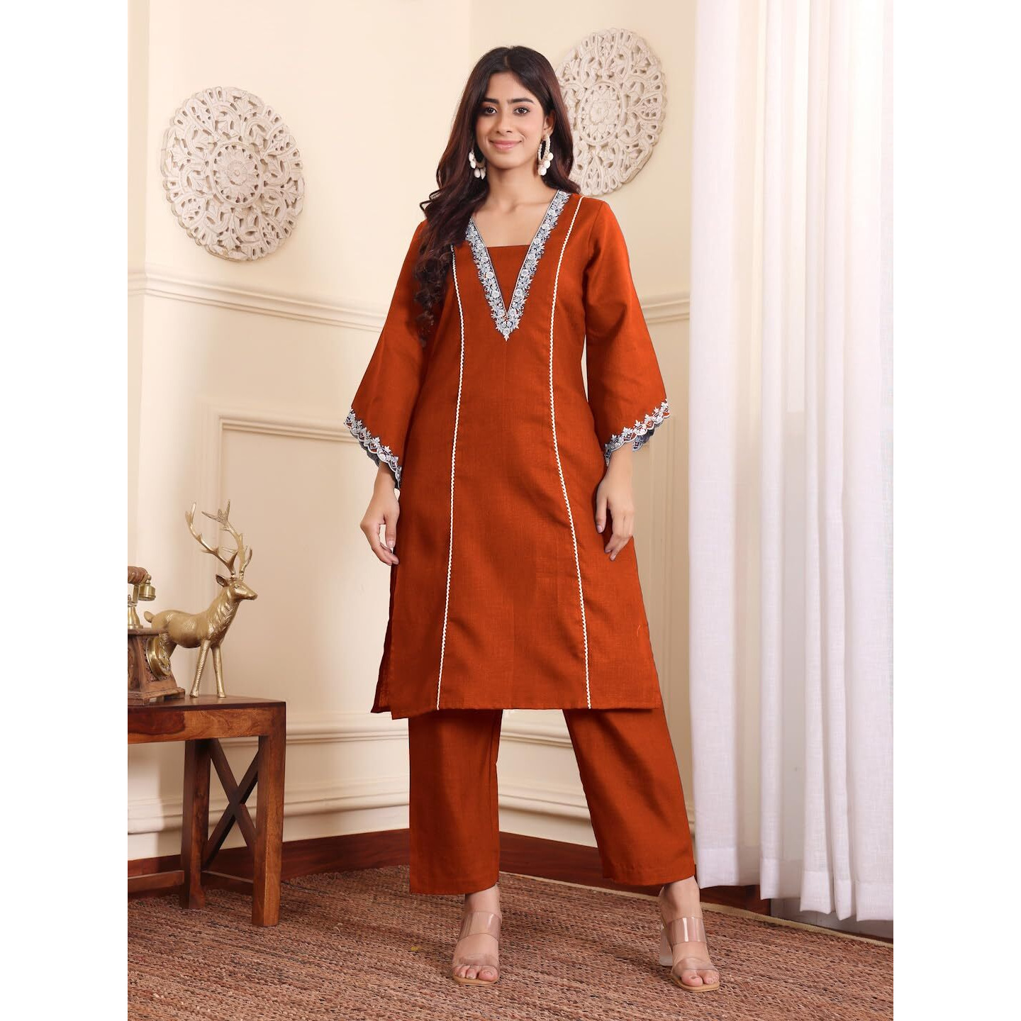 Varanga Zari Embroidered Rust Flared Sleeve Kurta With Trouser