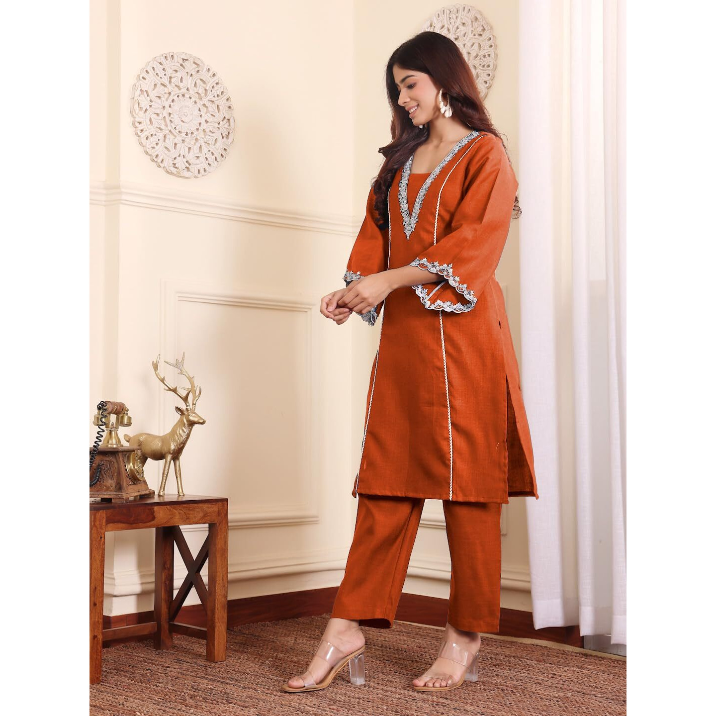 Varanga Zari Embroidered Rust Flared Sleeve Kurta With Trouser